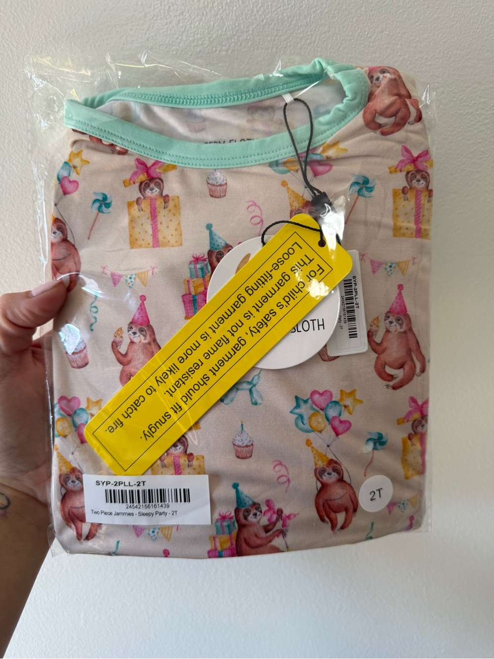 The Sleepy Sloth Party Sloth Pajama Set with Mint Trim